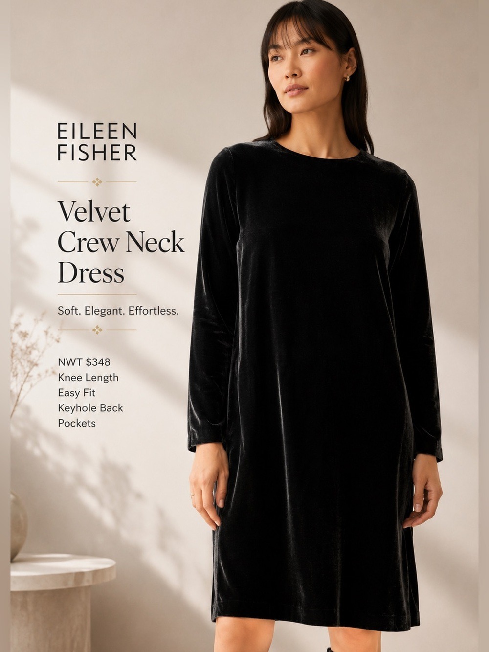 Eileen Fisher Velvet Crew Neck Dress Easy Fit, Knee Length NWT $348